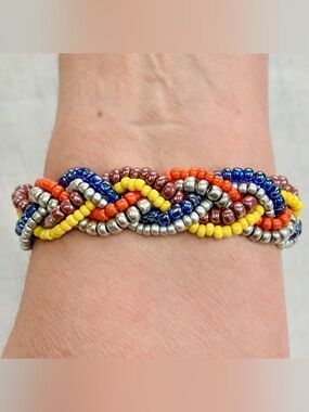GIFT!Multi-strand braided bracelet.Silver,yellow,orange,blue,mauve seed beads.8”